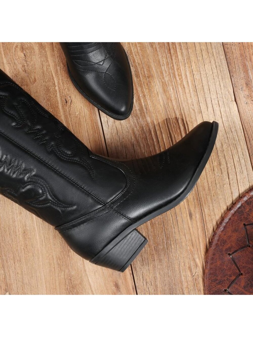 DREAM PAIRS Women's Black Faux Leather Mid-Calf Classic Comfort Cowboy Boots - Picture 4 of 6